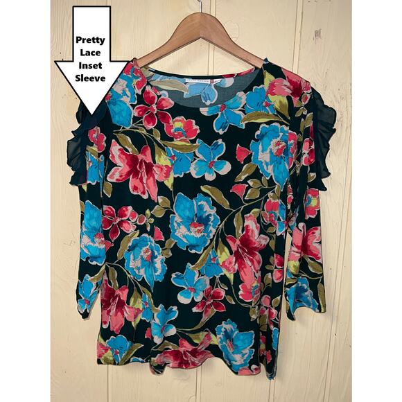 Susan Graver Top Womens Large Liquid Knit Lace Shoulder Detail Dark Floral Teal - Picture 1 of 8